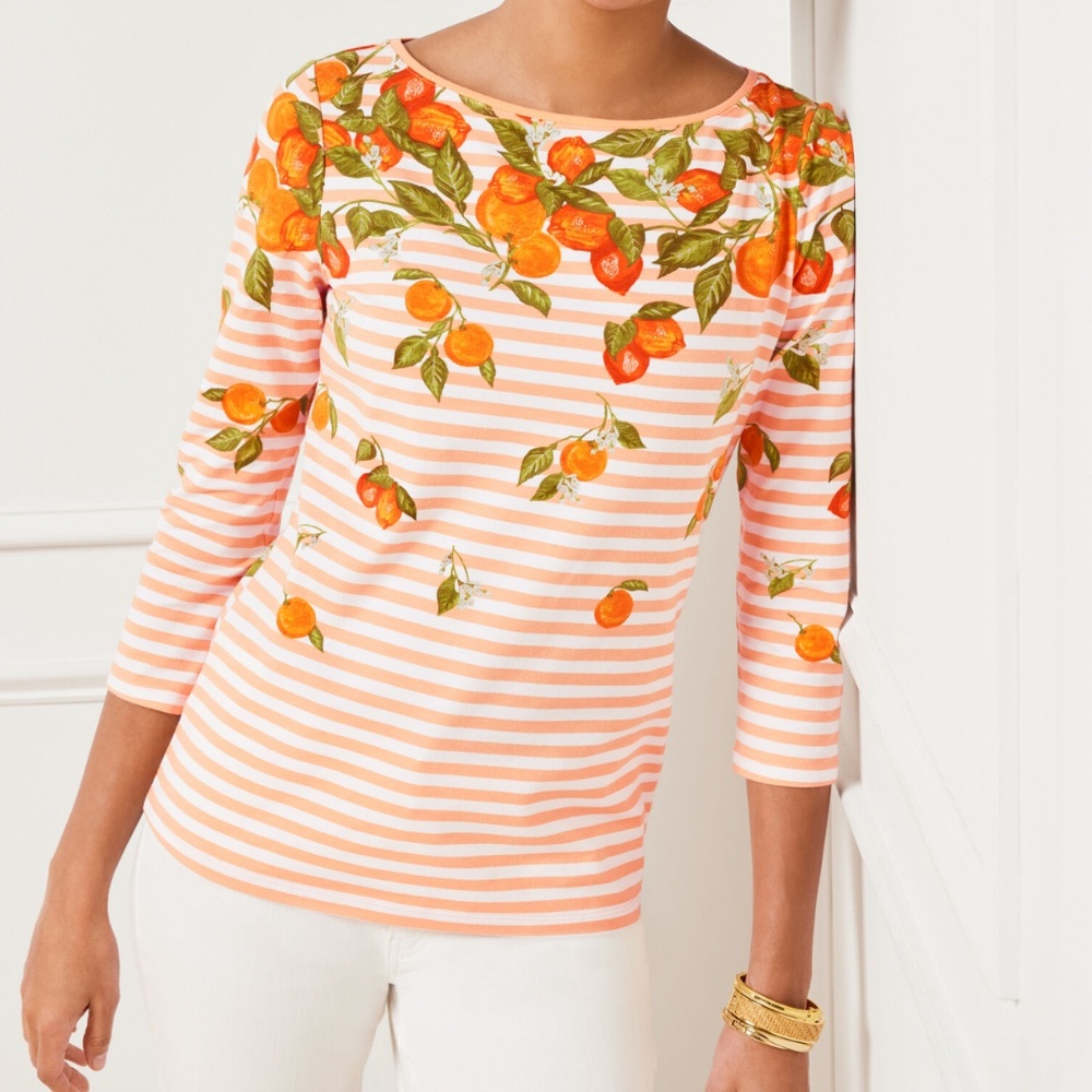 Talbots Bateau Neck Tee ~ Citrus Peach Stripe Nautical ~ Classic Talbots Style